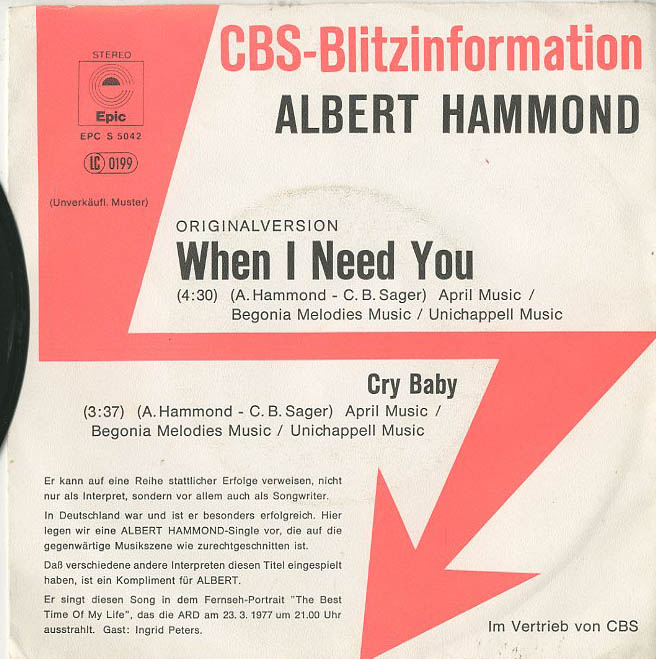 Albumcover Albert Hammond - When I Need You / Cry Baby (CBS Blitzinformation)