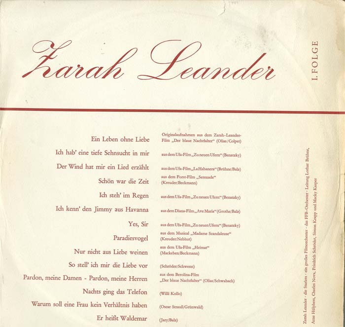 Albumcover Zarah Leander - Zarah Leander I. Folge