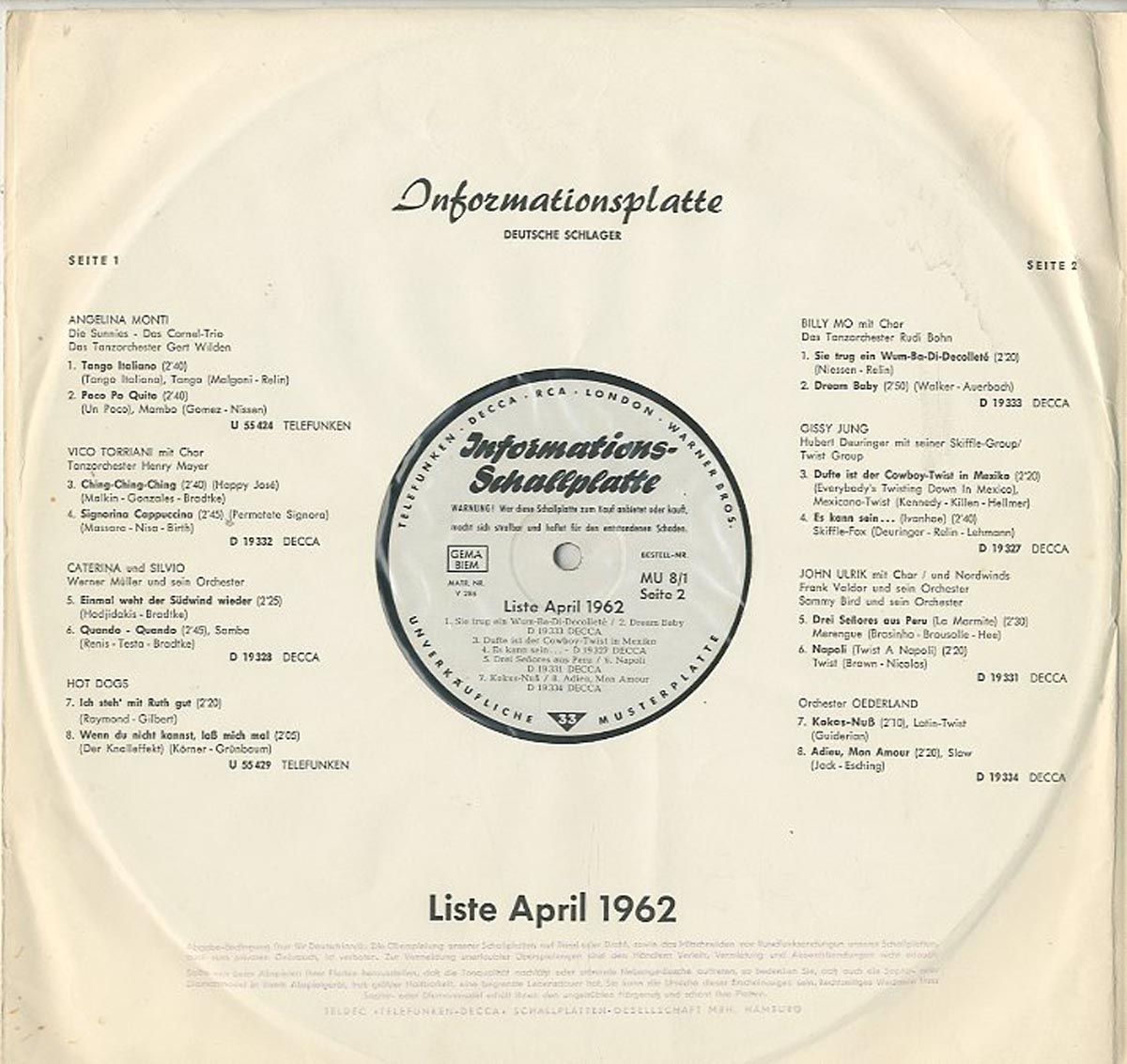 Albumcover TELDEC Informations-Schallplatte - 1962/4 Informationsschallplatte Liste April 1962