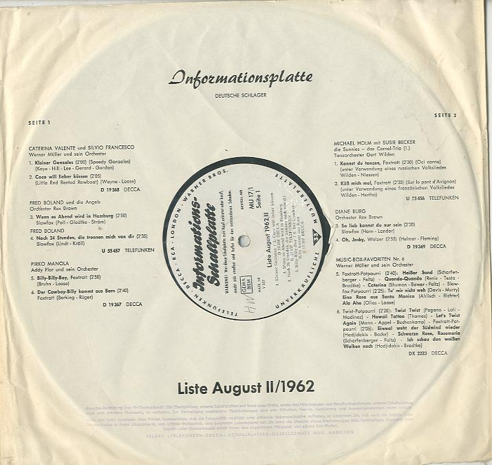 Albumcover TELDEC Informations-Schallplatte - 1962/8 Informationsschallplatte Liste August II/1962