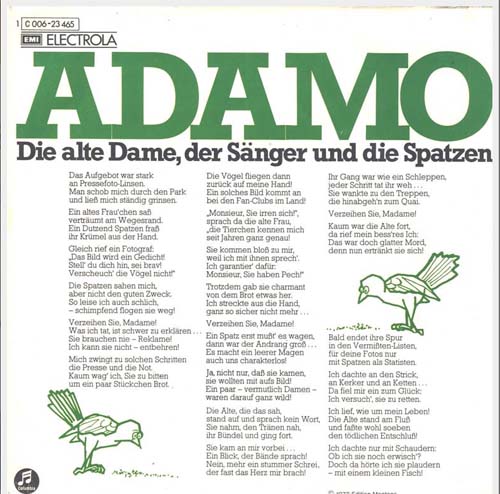 Albumcover Adamo - Die alten Damen, der Sänger und die Spatzen / Was einem Kinde sagen, wenn es glaubt, dass ein bleisoldat im Krieg gefallen ist