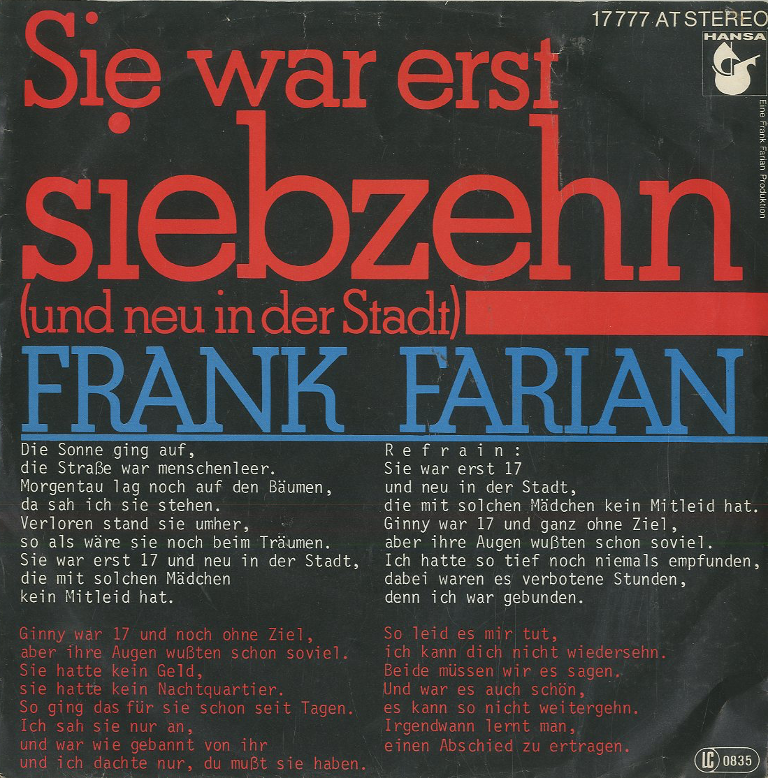 Albumcover Frank Farian - Sie war erst siebzehn (und neu in der Stadt) (New Kid In Town) / An mir soll es nicht liegen